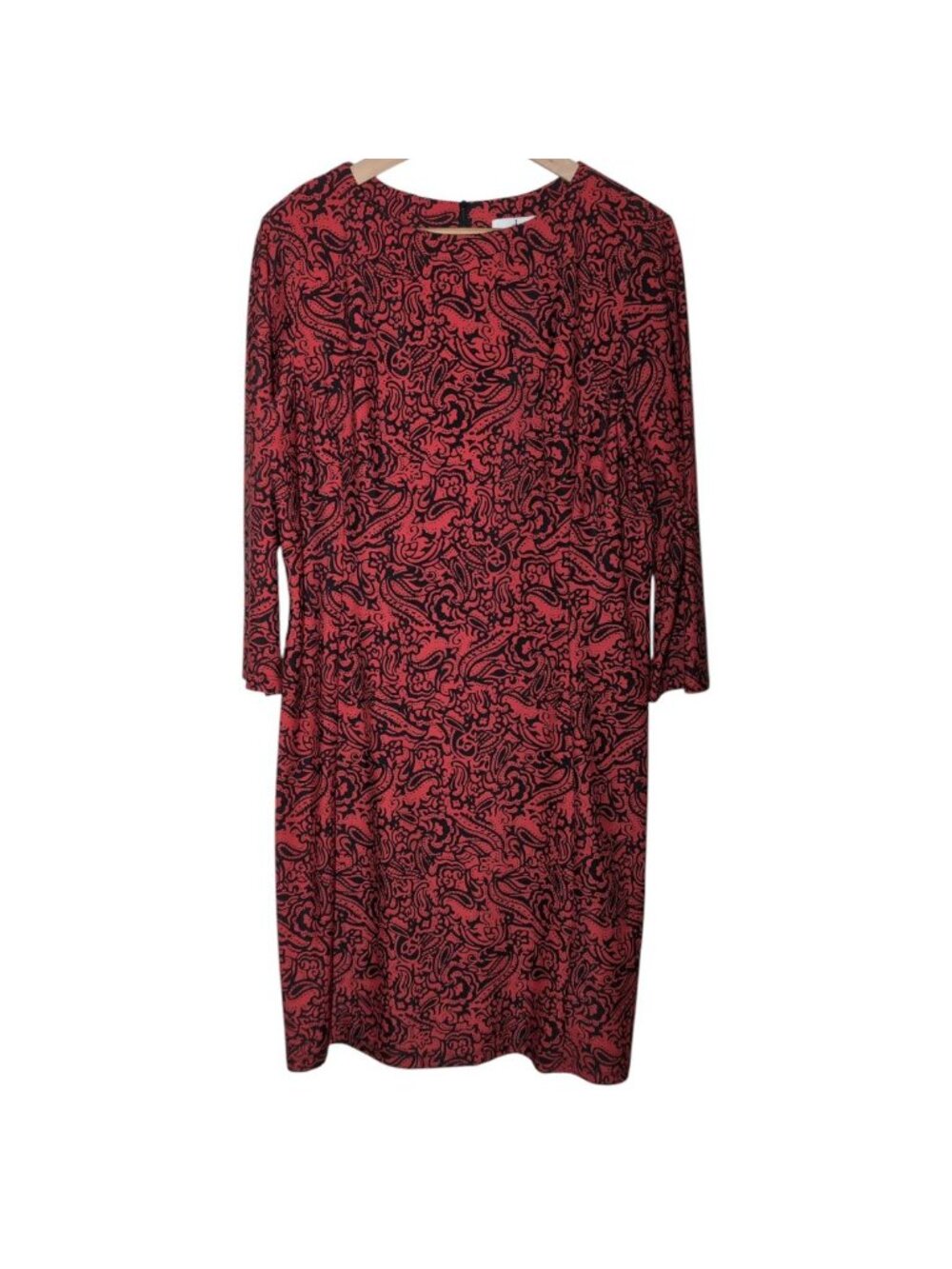 Jude Connally Red & Black Paisley Print Stretch Knit Dress XL 3/4 Sleeve Back Zi